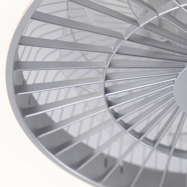 Nahaufnahme eines Deckenventilators mit grauen Schutzlamellen aus Kunststoff.