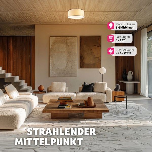 Wohnzimmer mit Deckenleuchte, geeignet für bis zu drei Leuchtmittel, Fassungen 3xE27 und maximal 3x40 Watt Leistung.