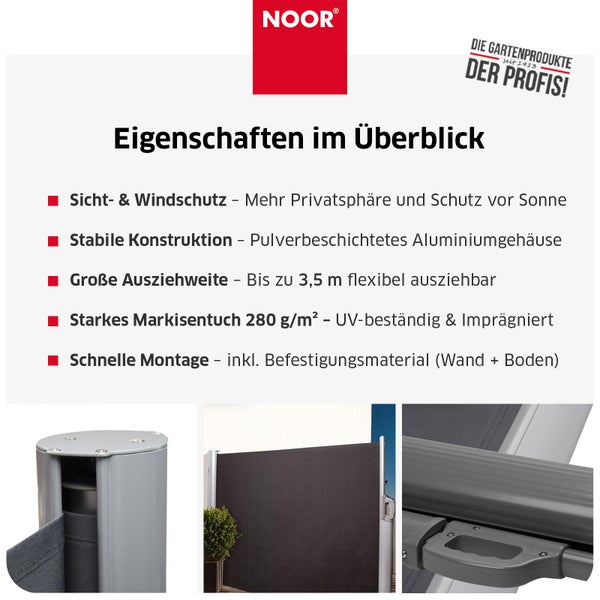 Produktübersicht der Noor Seitenmarkise mit Eigenschaften wie Sichtschutz, Aluminiumgehäuse, Ausziehlänge von 3,5 Metern und UV-beständigem Tuch.