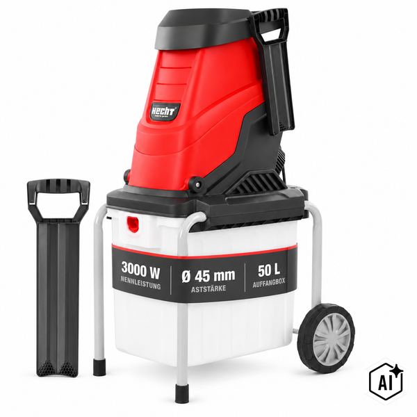 Hecht Gartenhäcksler mit 3000 Watt Leistung, 45 Millimeter Aststärke und 50 Liter Auffangbox.