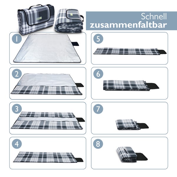 Faltbare Picknickdecke mit Tragegriff und Schritt-für-Schritt-Faltanleitung