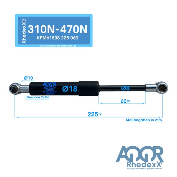 Gasdruckfeder RhedeXX, Länge 225 Millimeter, Hub 60 Millimeter, Kraft 310 bis 470 Newton.