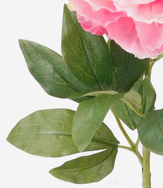 Künstliche Pfingstrose mit grünen Blättern und rosa Blüte.