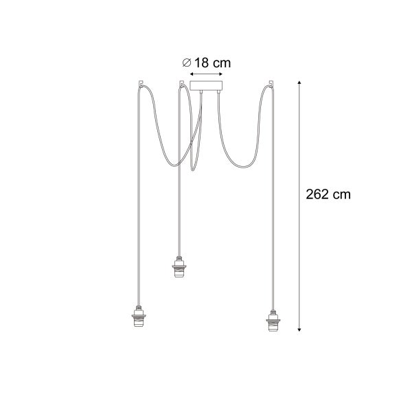 Technische Zeichnung einer dreiflammigen Pendelleuchte mit 18 Zentimeter Durchmesser der Deckenhalterung und einer maximalen Höhe von 262 Zentimeter.