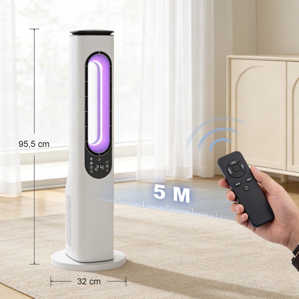 Blattloser Turmventilator mit Fernbedienung, Höhe 95,5 Zentimeter, Breite 32 Zentimeter, Reichweite der Fernbedienung bis zu 5 Meter.