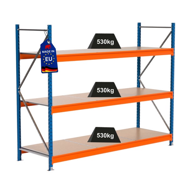 Regal mit drei Ebenen und einer Traglast von 530 Kilogramm pro Ebene und Made in EU Siegel.