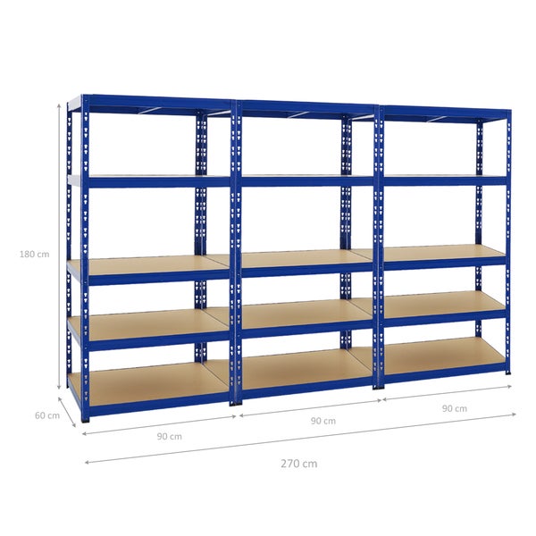 PROREGAL Mega Deal 3x Schwerlastregal Tiger HxBxT 180 x 90 x 60 cm Fachlast 265 kg 5-Ebenen Blau