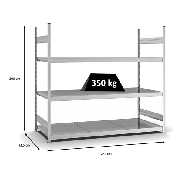 PROREGAL Weitspannregal Stecksystem T-Profil Grundregal HxBxT 200x225x80 cm 3 Ebenen Stahlplatten Fachboden Fachlast 350 kg Verzinkt