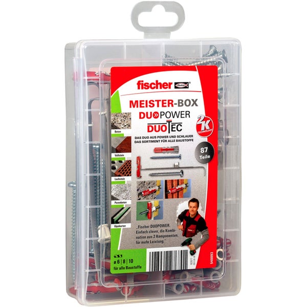 Fischer Meister-Box DuoPower und DuoTec Dübelsortiment mit Schrauben, 87-teilig, für diverse Baustoffe in transparenter Kunststoffbox.