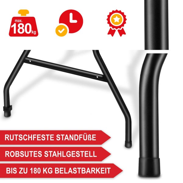 Robustes Stahlgestell mit rutschfesten Standfüßen und einer maximalen Belastbarkeit von 180 Kilogramm.