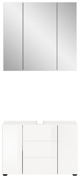 Badezimmermöbelset bestehend aus einem dreitürigen Spiegelschrank und einem weißen Waschtischunterschrank mit zwei Türen und zwei Schubladen.