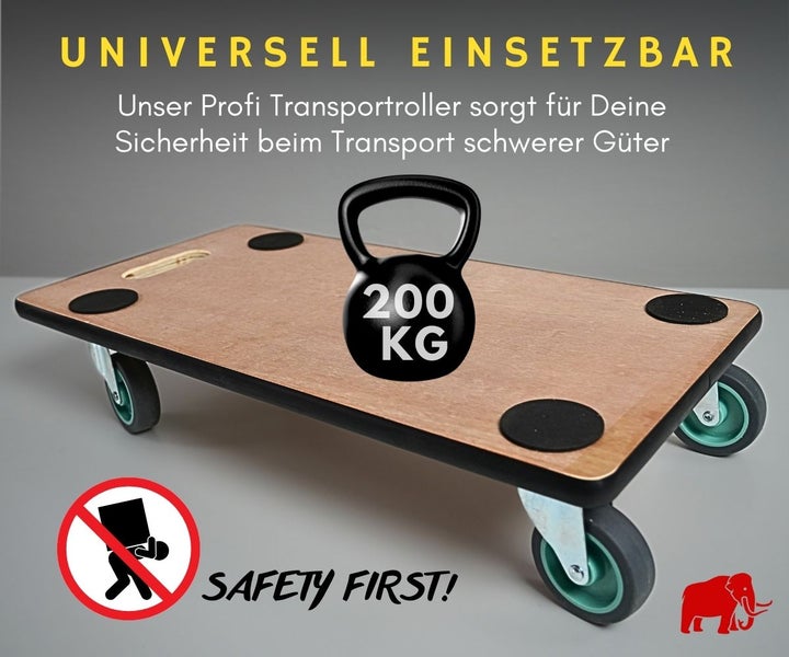 Transportroller aus Holz mit 200 Kilogramm Tragkraft, Antirutschpunkten und vier Lenkrollen.