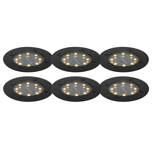 Sechser-Set schwarze runde Solar-Boden-Einbauleuchten mit acht LEDs und integriertem Solarpanel.