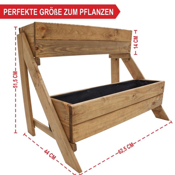 Zweistufiges Hochbeet aus Holz mit Maßangaben 51,5 Zentimeter Höhe, 62,5 Zentimeter Breite und 44 Zentimeter Tiefe