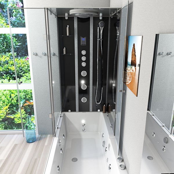 Kombinierte Whirlpool-Badewanne und Duschkabine mit Massagedüsen, Regenduschkopf und Handbrause in einem modernen Badezimmer.