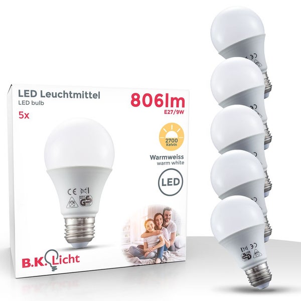 5er-Set B.K. Licht LED-Leuchtmittel E27, 9 Watt, 806 Lumen, warmweiß, 2700 Kelvin.