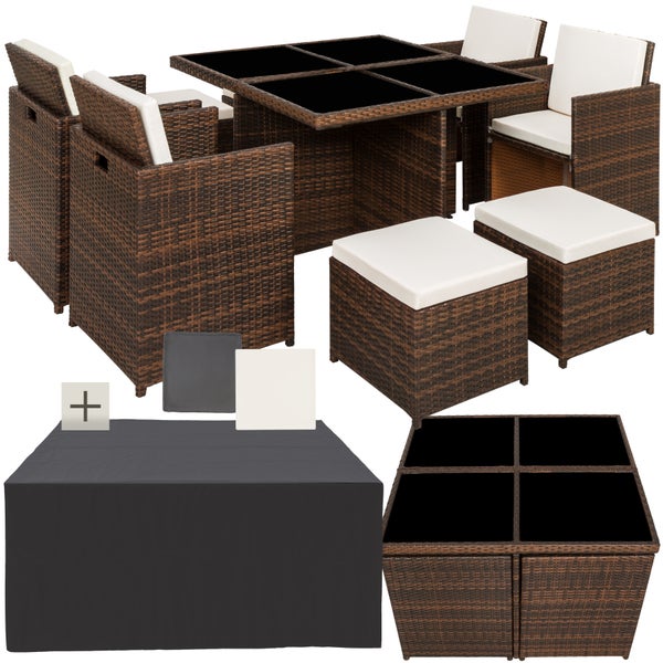 Rattan Sitzgruppe tectake Manhattan 2 Bezugssets, zusammenschiebbar, inklusive Schutzhülle mit Aluminiumgestell schwarz/braun