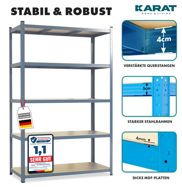 Karat Schwerlastregal, 5 Böden, 4 Zentimeter Querstangen, 5 Zentimeter Stahlrahmen, 4 Millimeter Holzfaserplatten, deutsche Firma, Siegel Sehr Gut.