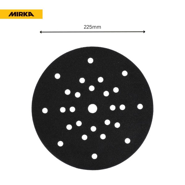 Mirka Logo und runde Schleifscheibe mit 225 Millimeter Durchmesser und Lochung für Exzenterschleifer.