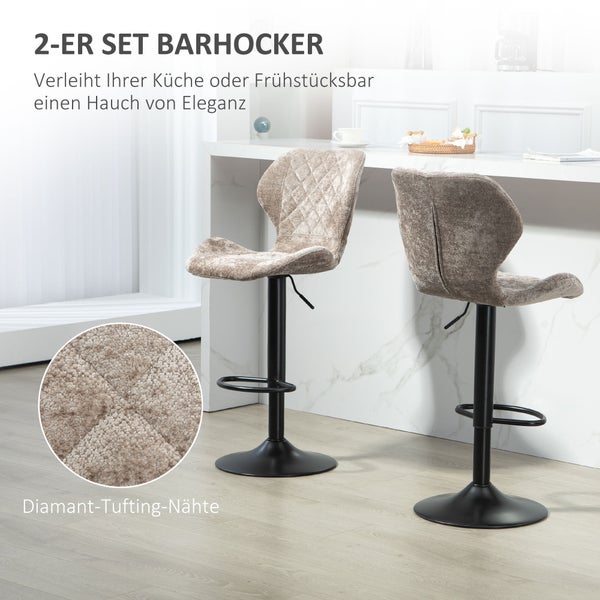 HOMCOM Barhocker 2er-Set, Gepolstert Barstuhl mit Lehne, Chenille-Optik, Stahlgestell, Höhenverstellbare Küchenstühle mit Fußstütze Drehbar Tresenhocker modern für Küche Braun