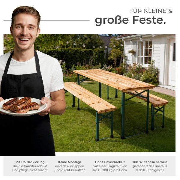 Szene mit Bierbankgarnitur, bestehend aus einem Tisch und zwei Bänken, geeignet für kleine und große Feste, mit Mann mit Grillgut