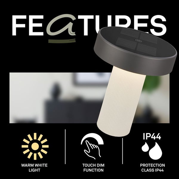 Merkmale der Solar-Tischleuchte: warmweißes Licht, Touch-Dimmfunktion und Schutzart IP44.