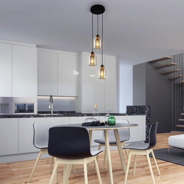 Pendant light, with wood, smoked glass, 3xE27/max.