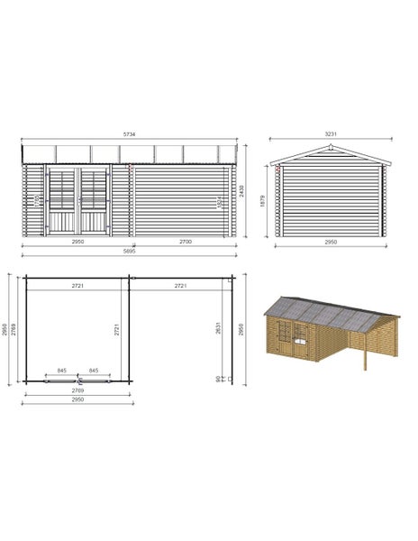 Technische Zeichnung und dreidimensionale Ansicht eines Gartenhauses aus Holz mit Anbau und Doppeltür, inklusive Maßangaben in Millimeter.