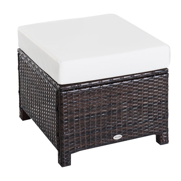 Outsunny Poly Rattan Hocker mit Kissen, Gartenhocker, 50 x 50 x 35 cm, Stahl+PE-Rattan-Geflecht+Polyester, Braun+Cremeweiß