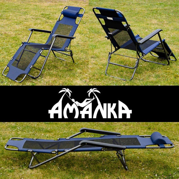 Faltbare Campingliege Freizeitliege | Verstellbare Gartenliege | Liegestuhl mit Nackenstütze | Klappliege in Dunkelblau | Stahlrahmen | Belastbarkeit max. 100KG | 178cm