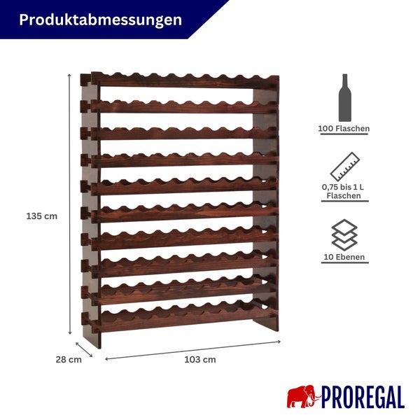 Weinregal aus Holz mit Maßen: Höhe 135 Zentimeter, Breite 103 Zentimeter, Tiefe 28 Zentimeter. Für 100 Flaschen auf 10 Ebenen. Proregal Logo.