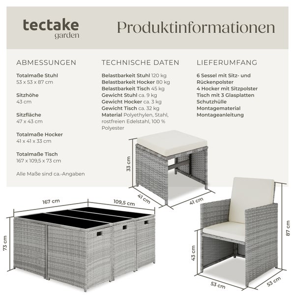 Rattan Sitzgruppe tectake Malaga zusammenschiebbar, inklusive Schutzhülle für 6 bis 10 Personen hellgrau