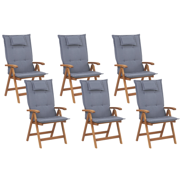 Set mit 6 Stühlen und Sitzkissen JAVA Akazienholz Blau