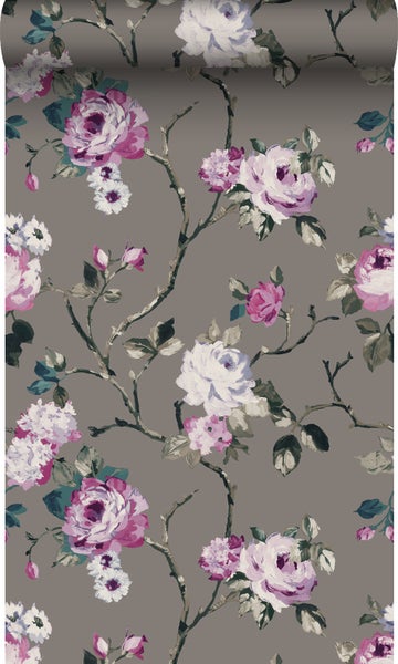Origin Wallcoverings Tapete Blumen Taupe und Violett - 53 cm x 10,05 m - 347430