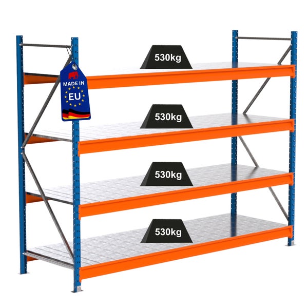 Regal mit vier Ebenen und einer Traglast von 530 Kilogramm pro Ebene, Hergestellt in der Europäischen Union