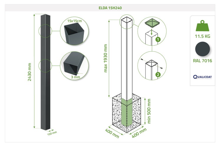 Zaunpfosten ELDA 15H240, Höhe 2430 Millimeter, Breite 150 Millimeter, Stärke 3 Millimeter, Gewicht 11,5 Kilogramm, RAL 7016, Montageanleitung.
