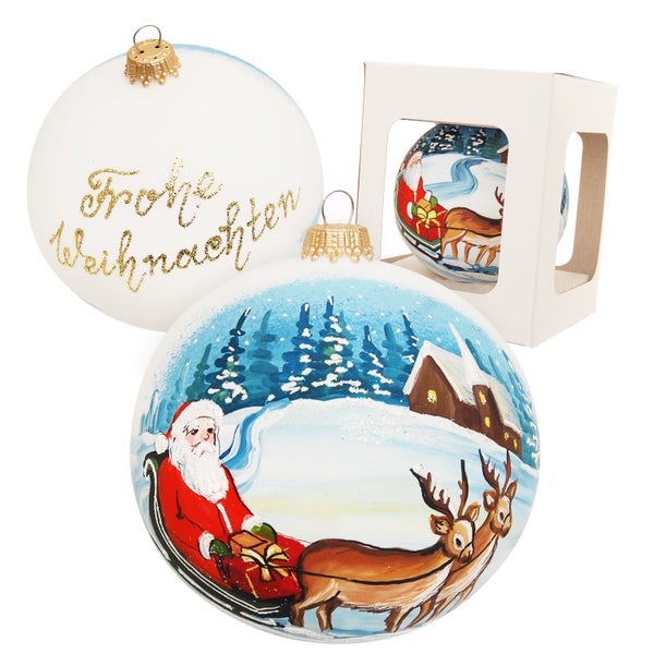 Geschenkugel Weihnachtsmann auf Schlitten & Frohe Weihnachten (Rückseite), multicolor, 10cm (handbemalt), 1 Stck.
