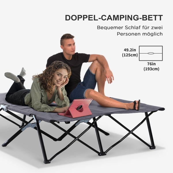 Outsunny Campingbett Klappbar für 2 Personen Feldbett Klappbett mit Tragetasche bis 136 kg belastbar Stahl Oxford Grau 193 x 125 x 40 cm