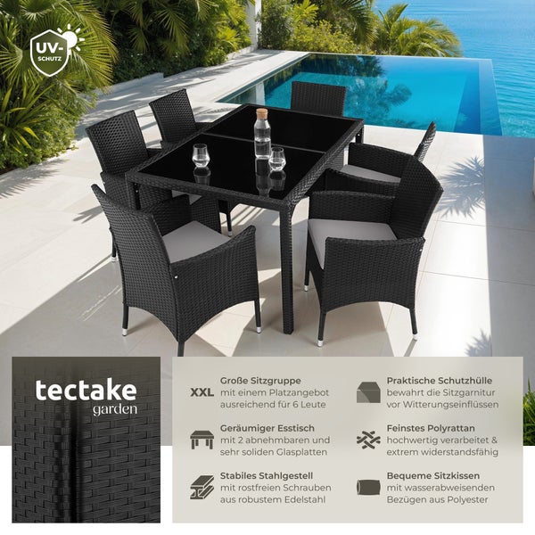 Rattan Sitzgruppe tectake Porto inklusive Schutzhülle für 6 Personen schwarz/grau