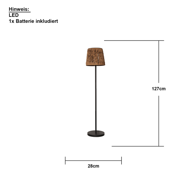 Stehleuchte mit LED und Batterie, Höhe 127 cm, Durchmesser 28 cm