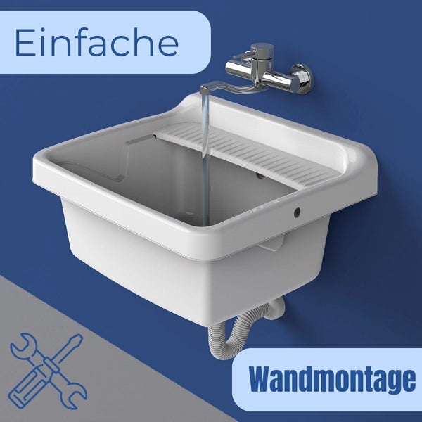 Weißes Ausgussbecken zur Wandmontage mit Wasserhahn