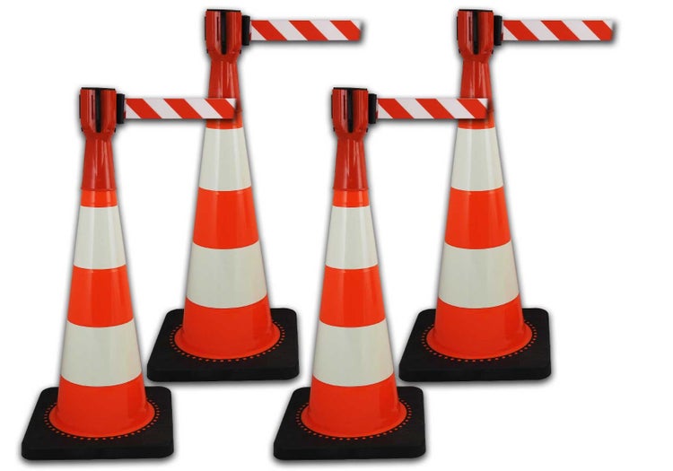 Absperrset Leitkegel 75cm + UvV-Conny Absperrband als Set / orange / 4 Gurte (20 Meter)