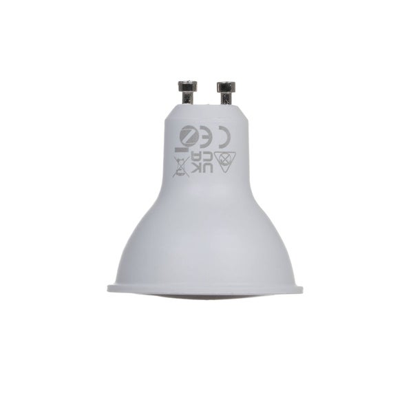 Weiße LED Reflektorlampe mit GU10 Sockel und Prüfzeichen für europäische Konformität in der Seitenansicht.