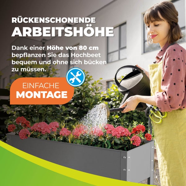 Eine Frau gießt Blumen in einem grauen Metall-Hochbeet mit rückenfreundlicher Arbeitshöhe von 80 Zentimetern. Symbol für einfache Montage.