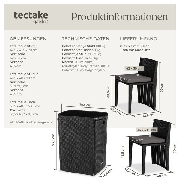 Rattanset tectake Hamburg zusammenschiebbar mit Aluminiumgestell schwarz