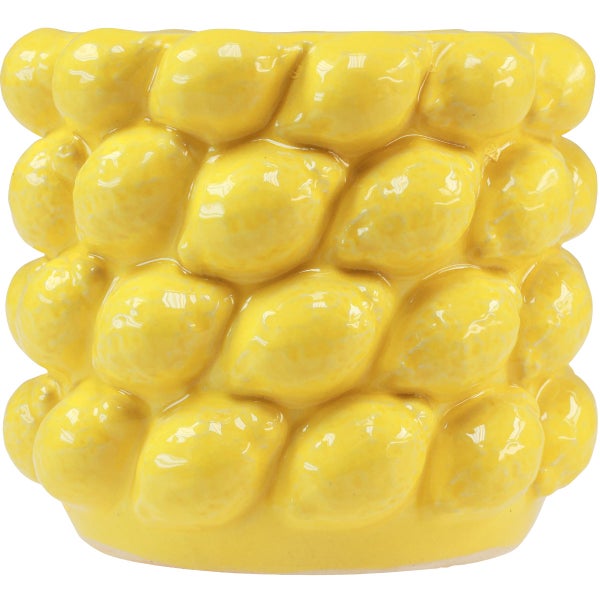 Gelber Blumentopf aus Keramik mit reliefartiger Zitronen-Oberfläche.