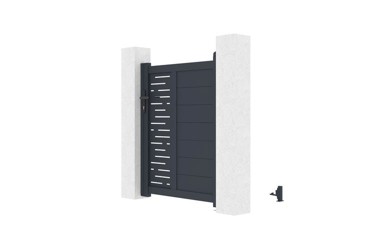 Moderne anthrazitfarbene Gartentür aus Aluminium mit horizontalen Lamellen und dekorativem Sichtschutzelement, inklusive Pfosten und Drückergarnitur.