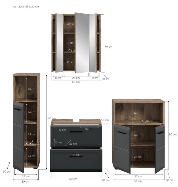 Badezimmer-Set in Holzoptik, graue Fronten, Maße für Spiegelschrank, Hochschrank, Waschbeckenunterschrank und Seitenschrank in Zentimetern.