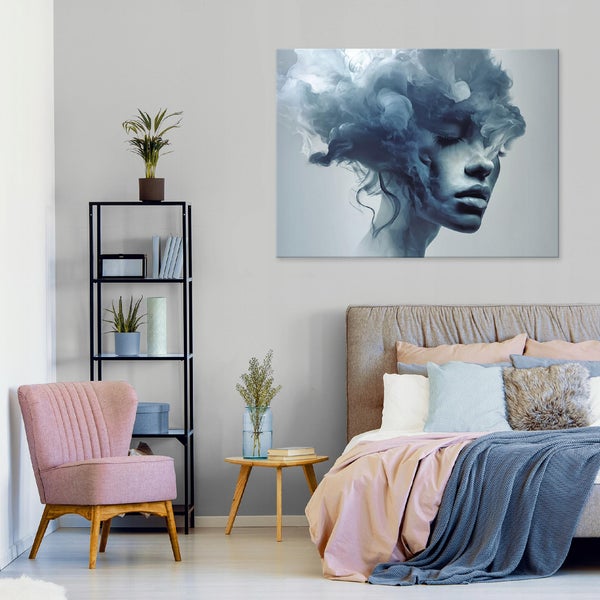 Gemälde mit Gänseblümchenwiese unter blauem Himmel im Holzrahmen