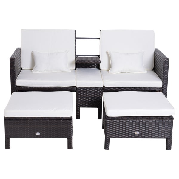 Outsunny 3-tlg. Gartensofa, 2er-Sofa, 2 x Hocker Kissen, L162 x B65 x H86 cm, Polyrattan + Metall, Braun
